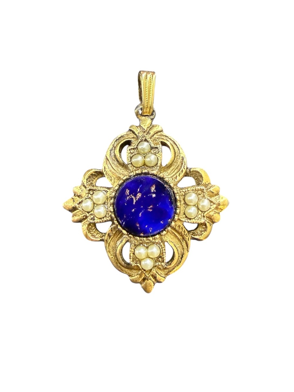Vintage Avon Victorian Revival Faux Lapis Pearl Gold Tone Pendant
